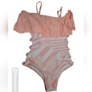 IFFEI Women Pink Peach & White Striped Ruffle One Piece Swimsuit Size Medium New